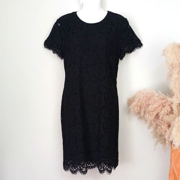 Michael Michael Kors black lace floral short sleeve modest midi dress sz 10 - Picture 1 of 15